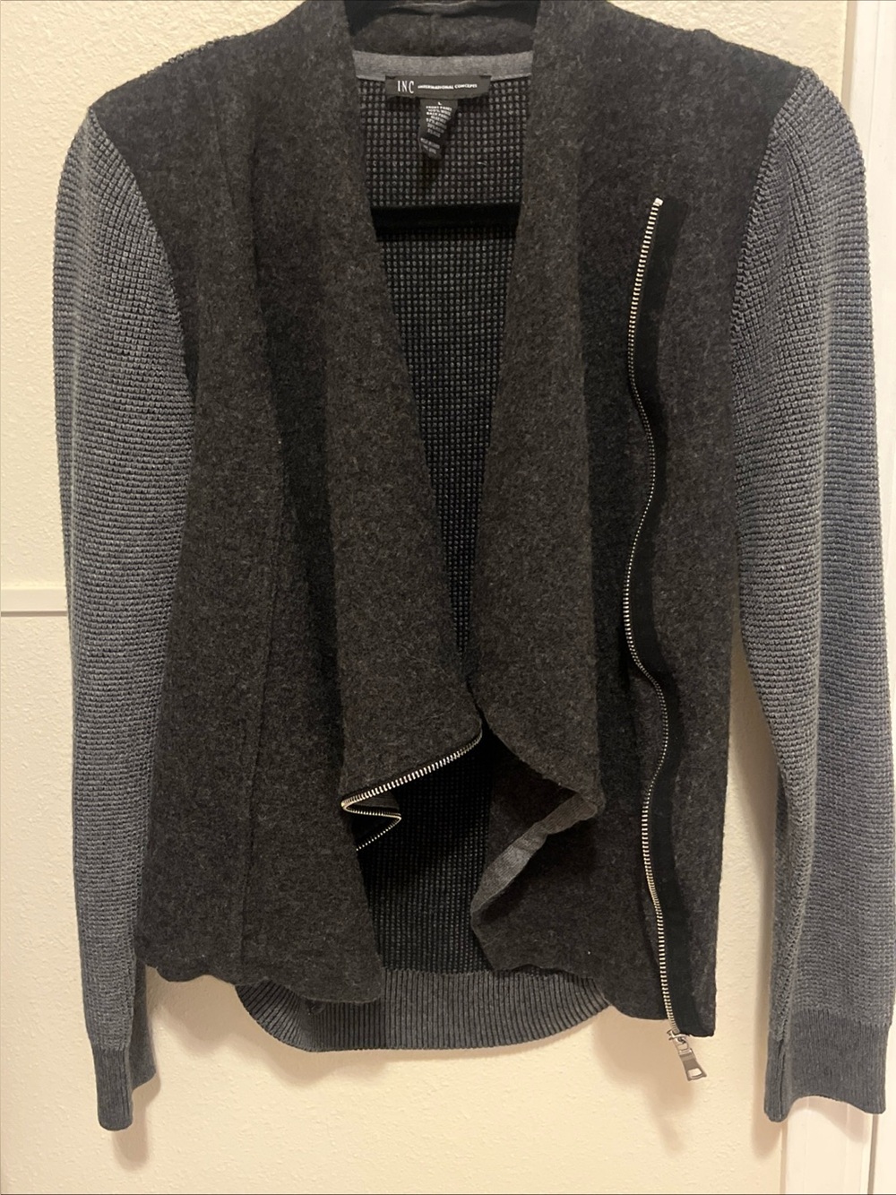 INC International Concepts Charcoal and Gray 100% Wool Zip-Front Cardigan